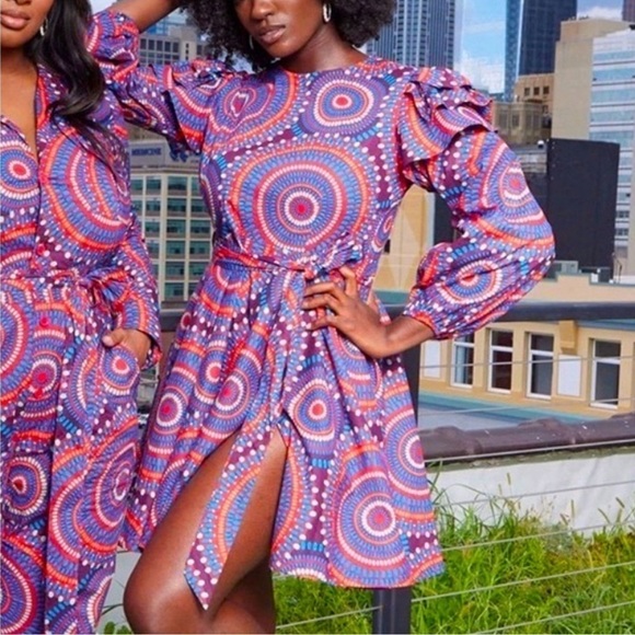 D'IYANU Anola Women's African Print Dress (Red Indigo Circles) NWT 1X - Picture 6 of 14
